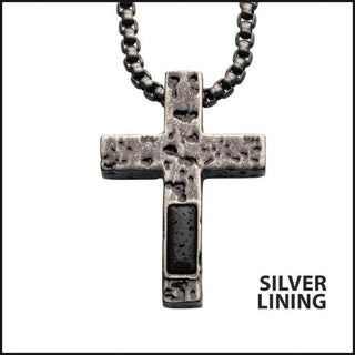 Stainless Steel Silver IP Cross Pendant with Lava Stone Pendant-Necklace-That Guy's Secret