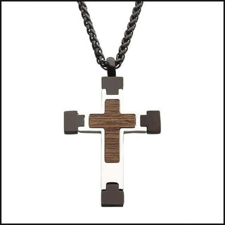 Steel Cross Pendant with Walnut Wood Inlay, with Black Wheat Chain-Necklace-That Guy's Secret