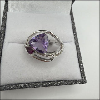 Sterling silver trillion amethyst ring with pink accent stone