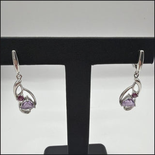 Sterling silver trillion amethyst drop earrings with pink accent stones