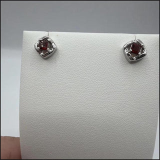 Sterling silver garnet stud earrings, square-cut garnet in twisted open frame