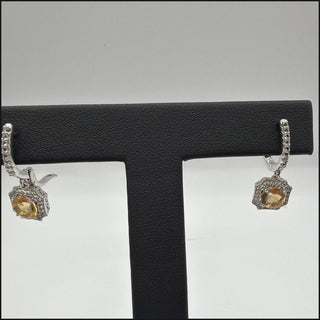 Sterling silver golden citrine halo drop earrings on white topaz huggie hoops
