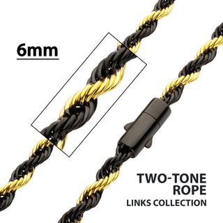 6mm 18Kt Gold IP Black IP Steel Rope Chain Necklace