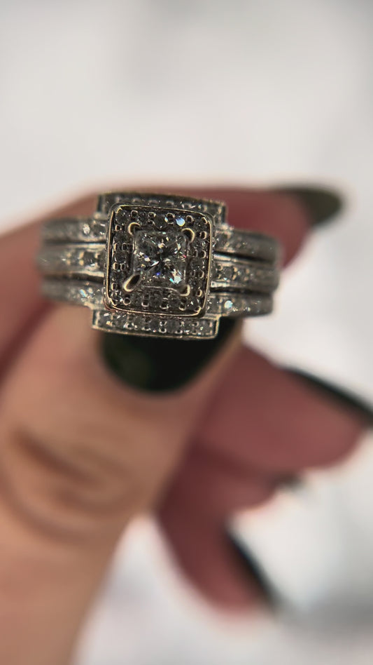 14kw PC center diamond w- round diamond halo accent & 2 matching diamond bridal bands soldered set