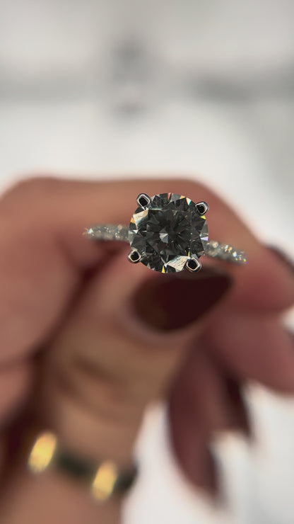 14k White Gold Lab Grown 3/8ctw Melee Set Diamond Ring with Under Head Halo Round 2ct Center