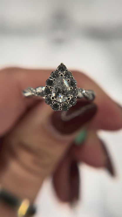 14K White Gold Lab Grown .40ct Pear Center Twist Ring with Round Halo
