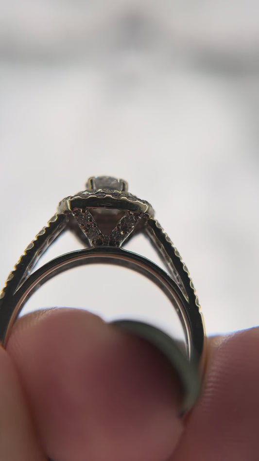 14kw 1.0ctw diamond double halo engagement ring w- split shank