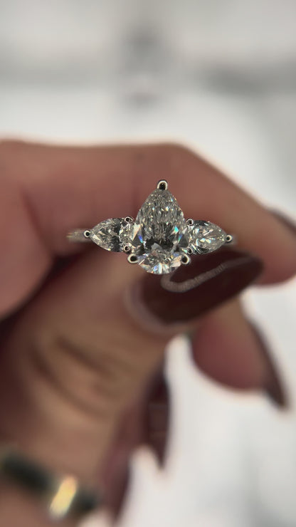 14K White Gold  3 Stone Lab Grown 1.60ctw 3 Stone Round Ring with 1ct Pear Center