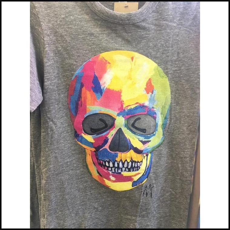 Local Artist Jeremy Johnson Multi Color Skull On Alternative Heather Grey Crew Neck T-Shirt - That Guy's Secret